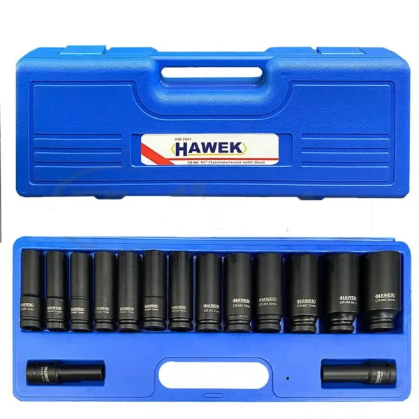 УДАРНИ ВЛОЖКИ 1/2″ УДЪЛЖЕНИ 6-СТЕННИ(10 – 32 ММ) 15 ЧАСТИ HAWEK