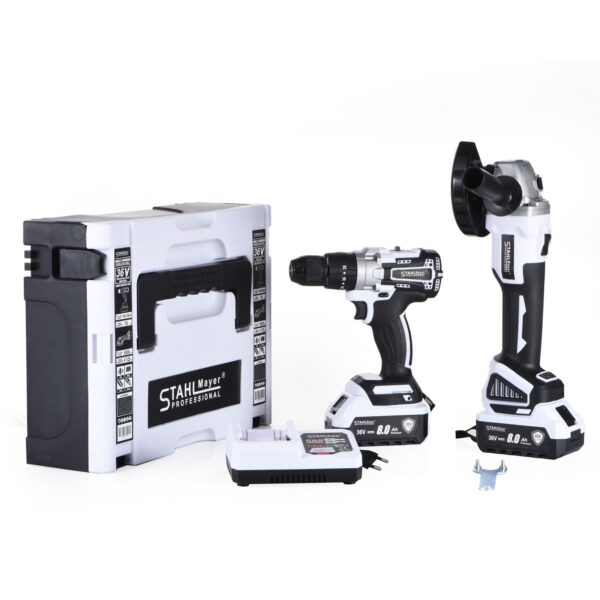 КОМПЛЕКТ ОТ АКУМУЛАТОРЕН ЪГЛОШЛАЙФ И ВИНТОВЕРТ 36V 8AH STAHLMAYER PRO