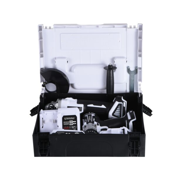 КОМПЛЕКТ ОТ АКУМУЛАТОРЕН ЪГЛОШЛАЙФ И ВИНТОВЕРТ 36V 8AH STAHLMAYER PRO