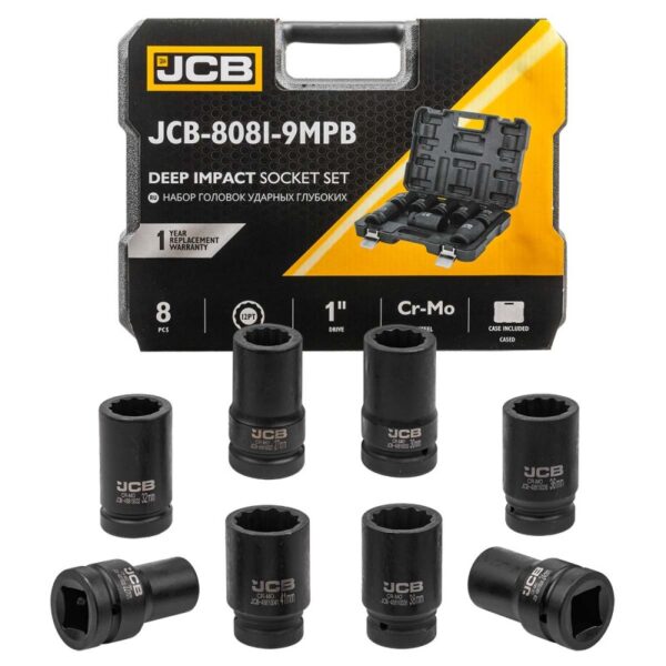 КОМПЛЕКТ ДЪЛБОКИ УДАРНИ ВЛОЖКИ 12-СТЕННИ 1″ (22 – 41 ММ) 8 ЧАСТИ JCB