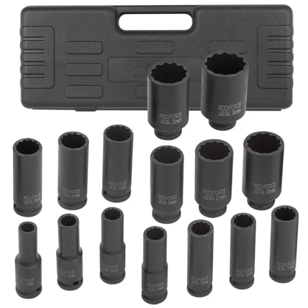 КОМПЕКТ ДЪЛБОКИ УДАРНИ ВЛОЖКИ 12-СТЕННИ 1/2″ (10 – 36 мм) 15 ЧАСТИ ROCKFORCE