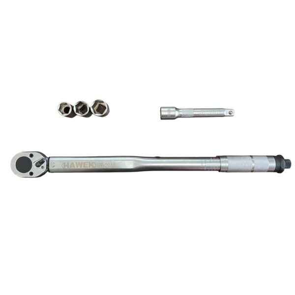 ДИНАМОМЕТРИЧЕН КЛЮЧ 1/2″ 28 – 210 NM + КОМПЛЕКТ ВЛОЖКИ (17, 19, 21 ММ) + УДЪЛЖИТЕЛ 125 ММ HAWEK
