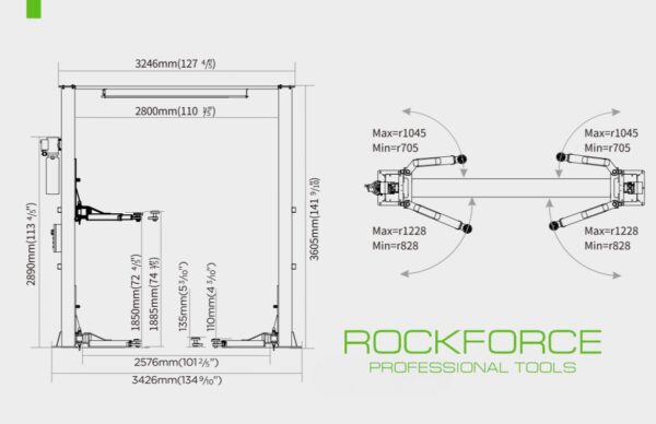 ДВУКОЛОНЕН ЕЛЕКТРОХИДРАВЛИЧЕН ПОДЕМНИК 4 ТОНА 110 – 1885ММ ROCKFORCE